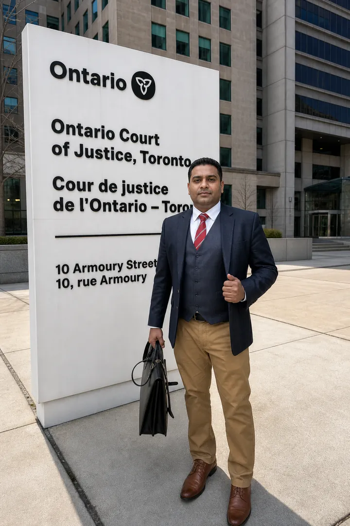 Santonur Rashed Santo standing near the Ontario Court of Justice in Toronto